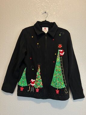 Quacker Factory Black Zip-Up Holiday Jacket with Embroidered Santa Trees size XS